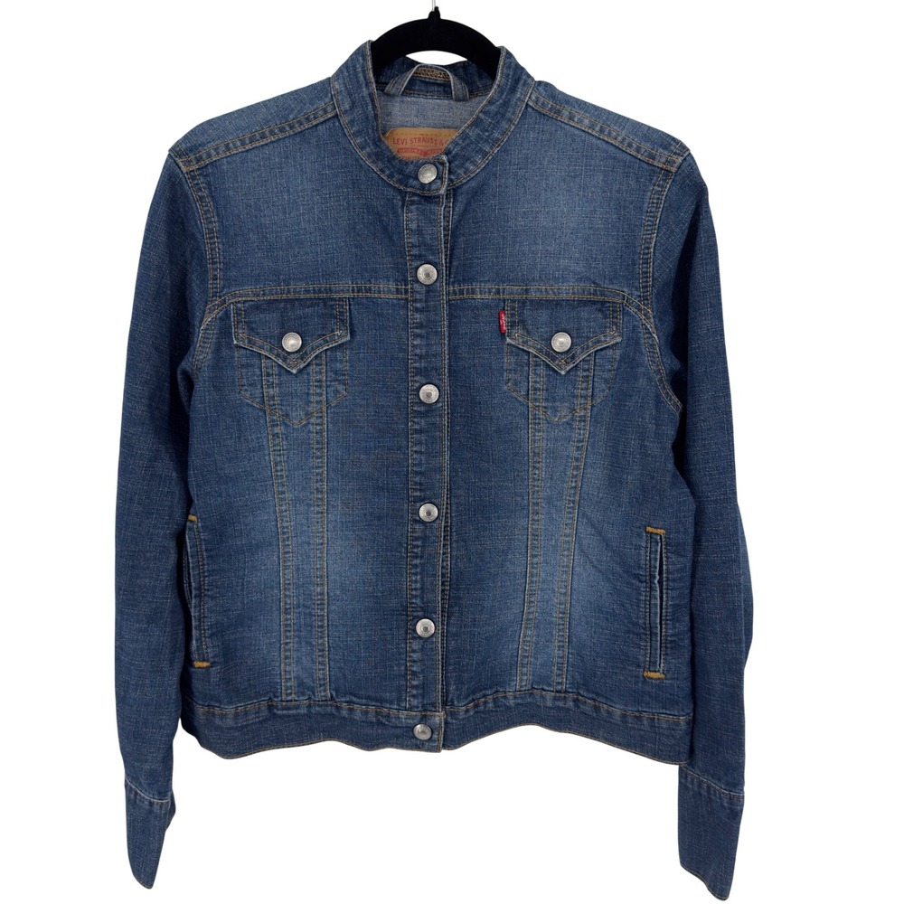 Levis Easy Rider Denim Jacket Womens Large Medium Wash Band Collar Stretch 77736